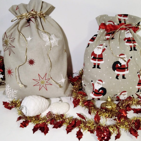 Sac cadeau Noël en tissu, emballage écologique, pochon tissu réutilisable, lin motif cadeaux