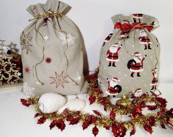 Sac cadeau Noël en tissu, emballage écologique, pochon tissu réutilisable, lin motif cadeaux