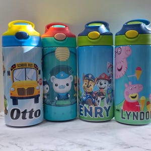 Personalized Cartoon Kids Water Bottle Tumbler | Toddler 12 oz water bottle with name | Characters tumbler for children | Kids Birthday Gift