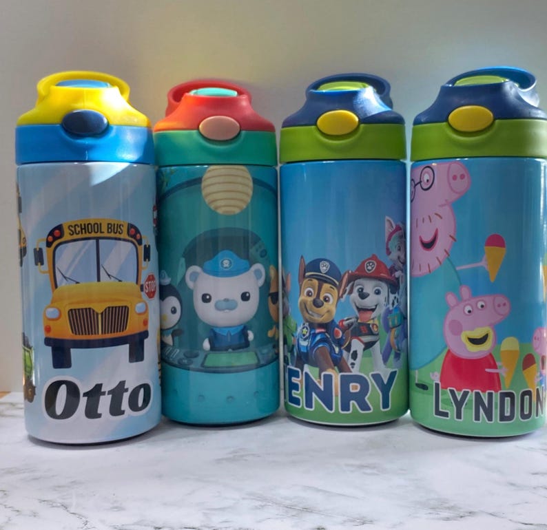 Personalized Cartoon Kids Water Bottle Tumbler | Toddler 12 oz water bottle with name | Characters tumbler for children | Kids Birthday Gift