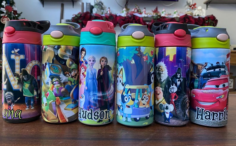 Personalized Cartoon Kids Water Bottle Tumbler | Toddler 12 oz water bottle with name | Characters tumbler for children | Kids Birthday Gift