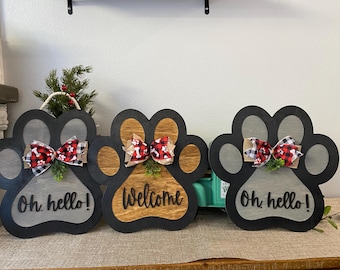Custom Paw Print Front Door Decor | Pet Wood Sign | Dog Welcome Hanger | Dog Wall Decor Wreath | Gift for Dog's Lovers