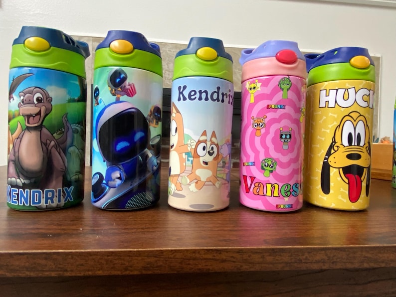 Personalized Cartoon Kids Water Bottle Tumbler | Toddler 12 oz water bottle with name | Characters tumbler for children | Kids Birthday Gift