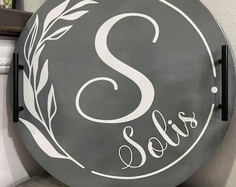 Personalized Round Wooden Serving Tray with Handles: Homeware tray decor