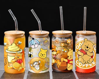 Pooh Bear Glass Cup | 16 oz Libbey Coffee Tumbler with Straw