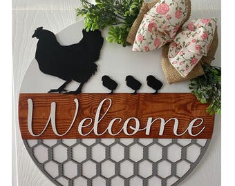 Chicken Welcome Sign: Farmhouse Front Door Decor