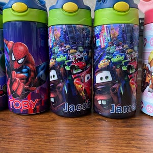 Personalized Cartoon Kids Water Bottle Tumbler | Toddler 12 oz water bottle with name | Characters tumbler for children | Kids Birthday Gift