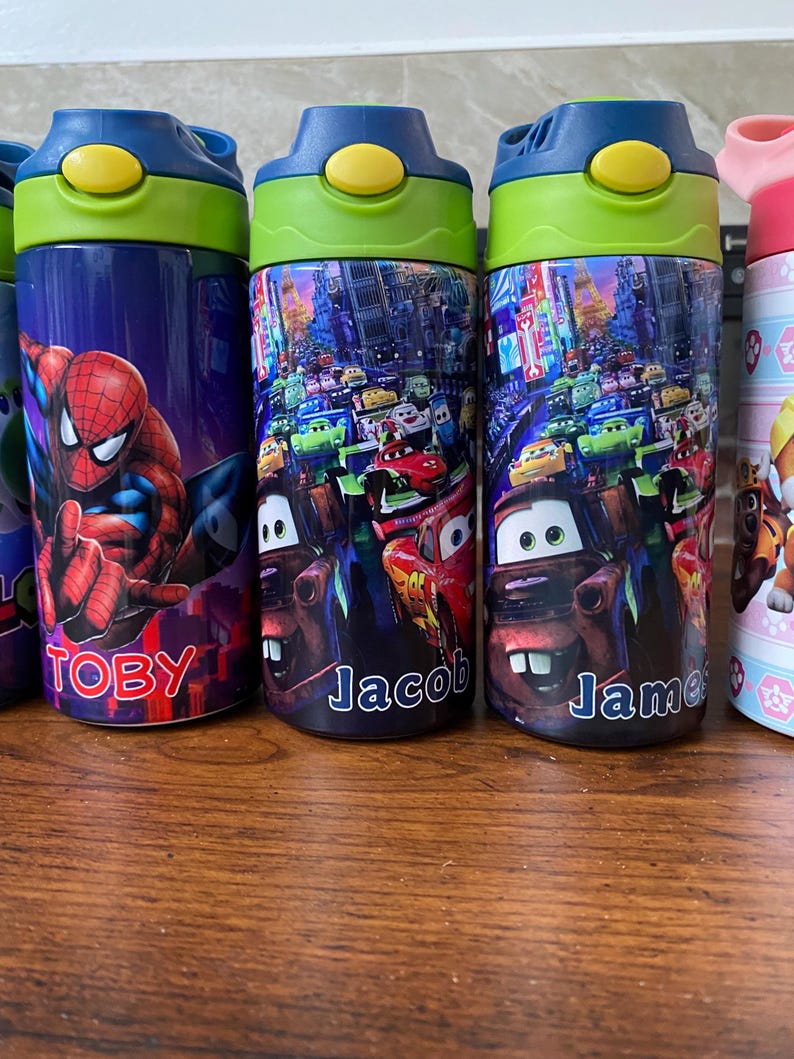 Personalized Cartoon Kids Water Bottle Tumbler | Toddler 12 oz water bottle with name | Characters tumbler for children | Kids Birthday Gift