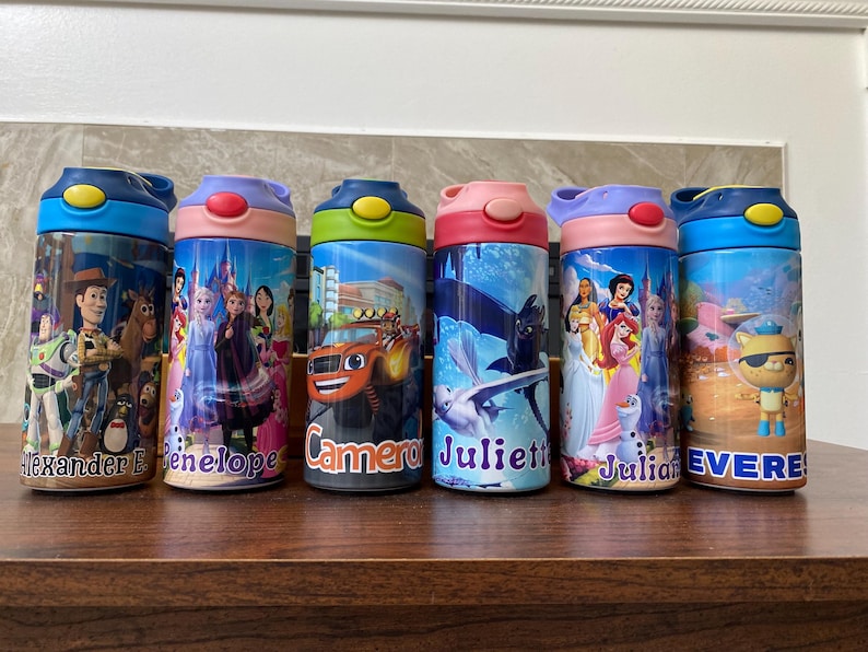 Personalized Cartoon Kids Water Bottle Tumbler | Toddler 12 oz water bottle with name | Characters tumbler for children | Kids Birthday Gift
