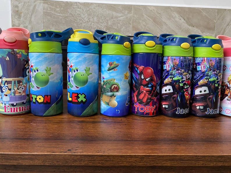 Personalized Cartoon Kids Water Bottle Tumbler | Toddler 12 oz water bottle with name | Characters tumbler for children | Kids Birthday Gift