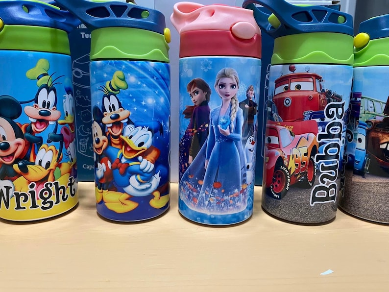 Personalized Cartoon Kids Water Bottle Tumbler | Toddler 12 oz water bottle with name | Characters tumbler for children | Kids Birthday Gift