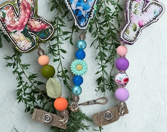 Personalized Retractable Initial Badge Reel | Acrylic Letter ID Beaded Badge holder with flowers