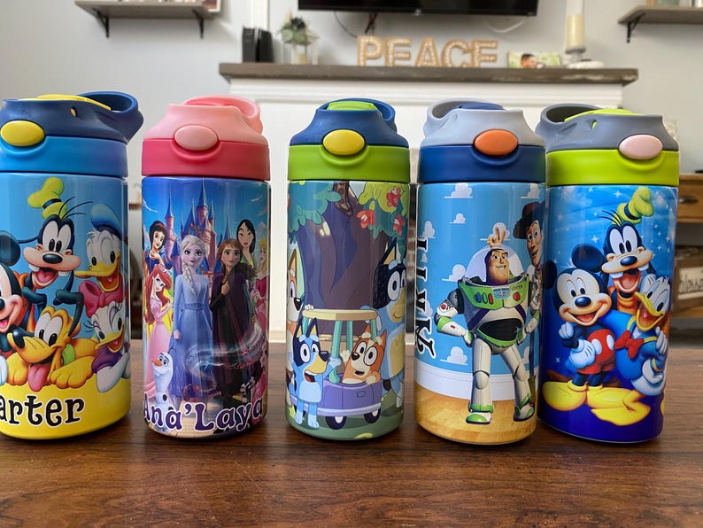 Personalized Cartoon Kids Water Bottle Tumbler | Toddler 12 oz water bottle with name | Characters tumbler for children | Kids Birthday Gift