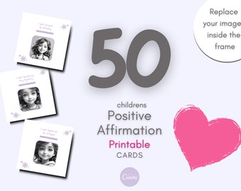 Puede incluir: 50 tarjetas imprimibles con un corazón rosa y el texto "childrens Positive Affirmation Printable CARDS". Cada tarjeta tiene un espacio para una foto y una afirmación positiva, como "Soy valiente y fuerte" o "Soy amado por mi familia".