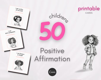 Puede incluir: 50 tarjetas de afirmación imprimibles para niños con una ilustración en blanco y negro de una niña con el pelo rizado. Las tarjetas tienen afirmaciones positivas escritas en ellas, como "Soy digno del éxito" y "Puedo resolver problemas".