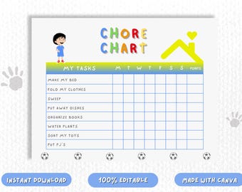 Op de afbeelding: Een printbare takenlijst voor kinderen met een geel huis en een cartoonfiguur. De lijst bevat een lijst met taken, de dagen van de week en een puntensysteem. De tekst op de lijst luidt "Chore Chart".