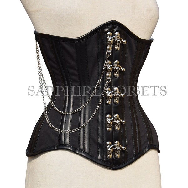 Leather Corset Goth Style Claps Closure Cotton and Leather Underbust Corset Double Steel Boned Waist Training Steampunk Chains Style Corset