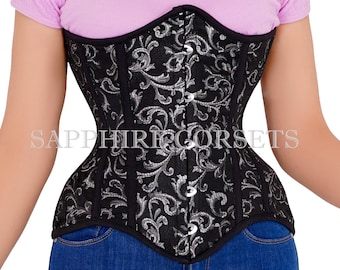 Corset de brocart noir et argent désossé en acier pour femme, corset de brocart de taille courbée sous la poitrine
