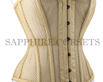 Overbust Mesh Beige Corset , Steel Boned Skin Waist Trainer Tight Lacing Heavy Duty Corset