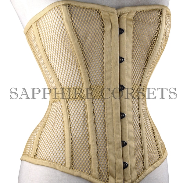 Corsetto beige in maglia overbust, corsetto resistente con allacciatura stretta in pelle disossata in acciaio