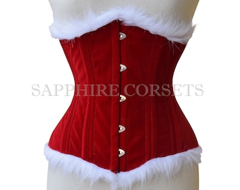 Corset sous la poitrine en velours rouge, taille basse, bordure en fourrure blanche, corset de Noël, corset en os en acier, corset spécial