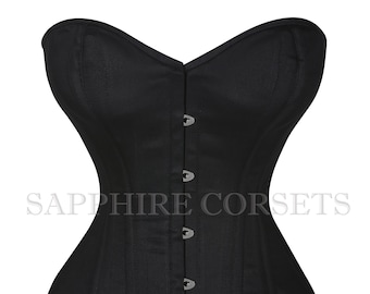 Overbust Cotton Black Corset , Steel Boned Black Waist Trainer Tight Lacing Heavy Duty Corset