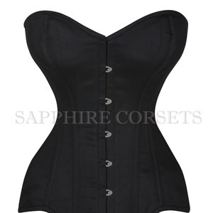 Overbust Cotton Black Corset , Steel Boned Black Waist Trainer Tight Lacing Heavy Duty Corset