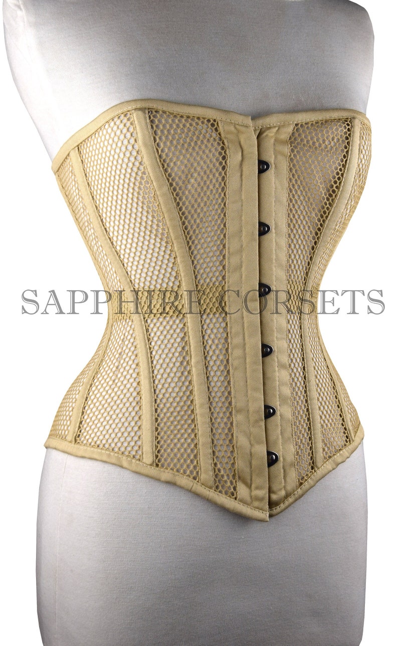 Overbust Mesh Beige Corset , Steel Boned Skin Waist Trainer Tight Lacing Heavy Duty Corset image 1