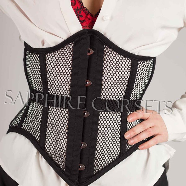 Corset sinueux de maille, double corset noir résistant désossé en acier conique de taille d'entraîneur de taille