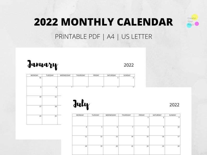 2022 monthly calendar monday start one month per page etsy