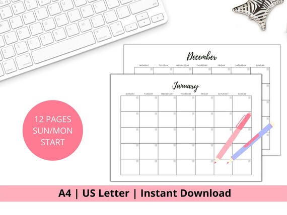 Blank Monthly Calendar January to December Horizontal 12 Month Planner  Monday/sunday Start Landscape Printable PDF A4, US Letter - Etsy