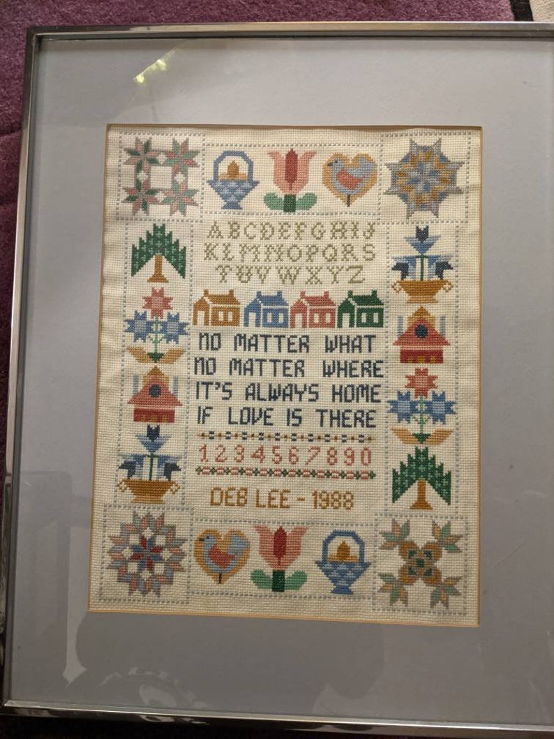 Vintage Needlepoint Sampler Completed Alphabet Numbers Crossstitch