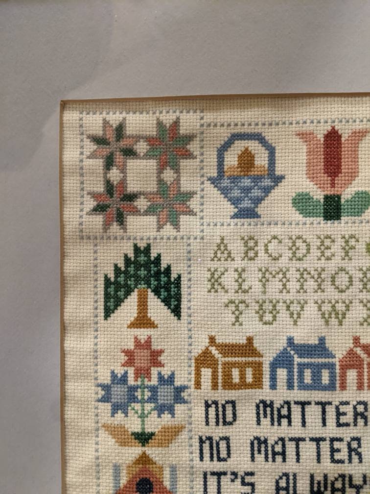 Vintage Needlepoint Sampler Completed Alphabet Numbers Crossstitch