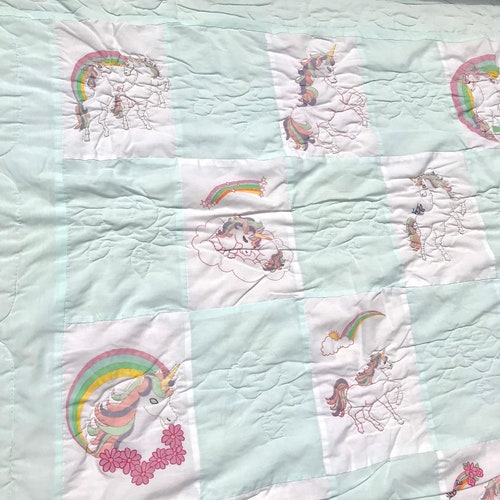 OOAK Vintage Unicorn Quilt hand painted baby toddler blanket throw orders bed cover blue white checkered one sided