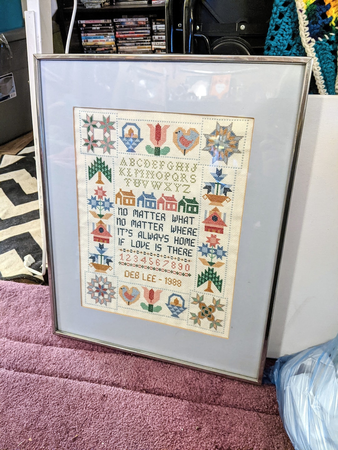 Vintage Needlepoint Sampler Completed Alphabet Numbers Crossstitch