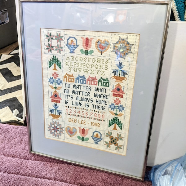 Vintage Needlepoint Sampler completed Alphabet Numbers cross-stitch cottagecore framed artwork behind glass