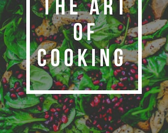 May include: A close-up image of a salad with spinach, chicken, and pomegranate seeds. The text "THE ART OF COOKING" is displayed in a white rectangle on top of the salad. The text "20+ RECIPES" is displayed above the rectangle. The text "BY THE ART OF COOKING FINDS" is displayed below the salad.