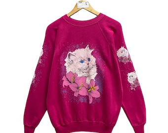 Vintage 90s Kitten Flower Pink Sweatshirt Size Large Wildlife Animal Crewneck Wildlife Flower Sweater Pullover Jumper