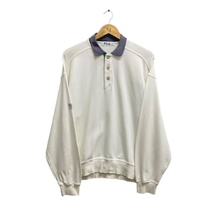 Vintage 90s Fila Biella Italia Collar Sweatshirt Fila Sports Crewneck Fila Biella Italia Sweater Pullover Jumper Print Logo White Medium