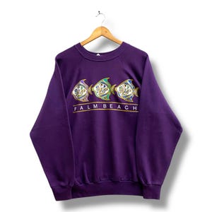 Vintage 90&#39;s Palm Beach Sweatshirt Palm Beach Crewneck Palm Beach Sweater Pullover Jumper Streetwear Print Logo Pal Beach Purple MEDIUM