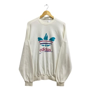 Vintage Y2K Adidas Trefoil Unisex Sweatshirt Adidas Three Stripes Crewneck Adidas Trefoil Sweater Pullover Jumper Print Logo White XXLARGE