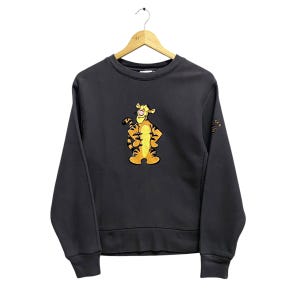 Vintage 90&#39;s Tigger Distressed Sweatshirt Tigger Crewneck Walt Disney Tigger Sweater Tigger Cartoon Pooh Eeyore Tigger Print Logo Grey SMALL