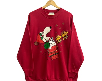 Vintage 90s Peanuts Snoopy Sweatshirt Snoopy Crewneck Snoopy Sweater Pullover Jumper Print Logo Red 3X