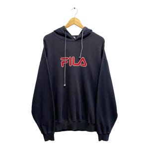 Vintage Y2K Fila Biella Italia Black Sun Faded Hoodie Pullover Jumper Size MEDIUM