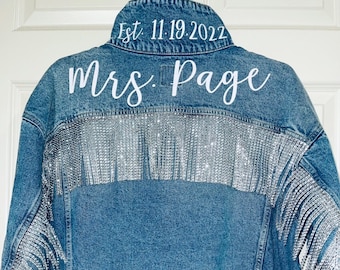 Rhinestone fringe jean jacket - Personalized bridal jean jacket - wedding day jacket - engagement gift - bachelorette party - bridal shower