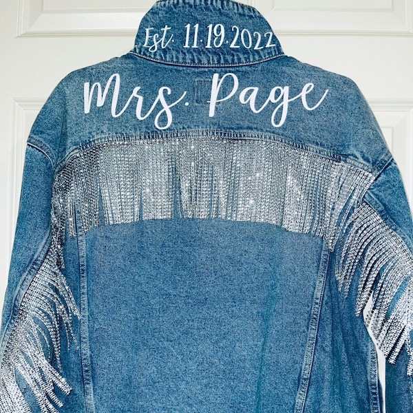 Rhinestone fringe jean jacket - Personalized bridal jean jacket - wedding day jacket - engagement gift - bachelorette party - bridal shower