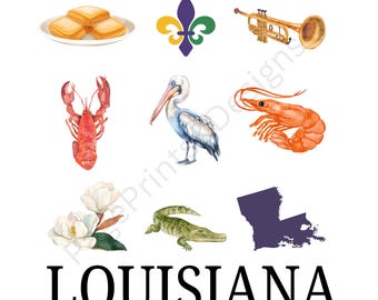 May include: A colorful illustration of Louisiana symbols, including a pelican, a fleur-de-lis, a crawfish, a shrimp, a trumpet, beignets, and an outline of the state of Louisiana. The text "LOUISIANA" is written in black at the bottom of the image.