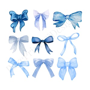 以下が含まれることがあります： さまざまな青色の9つのリボンを描いた水彩イラスト。リボンは、明るい空色から深いインディゴまで、柔らかく芸術的なスタイルで手描きされています。各リボンはユニークな形とデザインで、クラフトやデザインプロジェクトに最適です。