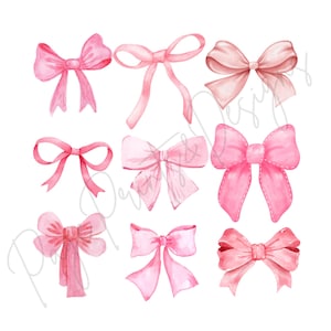 Peut inclure: Un ensemble de neuf nœuds roses en aquarelle. Les nœuds sont de différentes tailles et formes, certains ayant une forme plus arrondie et d'autres une forme plus pointue.