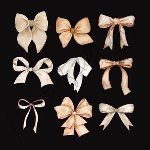 May include: Nine watercolor illustrations of different styles of bows in various shades of beige and brown.